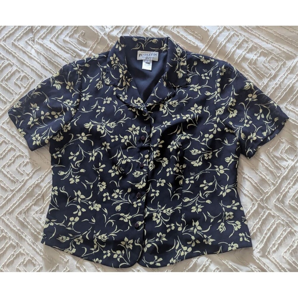 Vintage Pendleton Petite 16 Button Up Shirt Black Floral Sheer sleevesBlouse Top